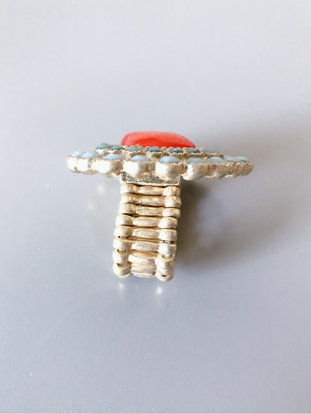 Brushed Gold tone Statement Stretch Teardrop Ring with Coral Red & Teal blue - Picture 5 of 8